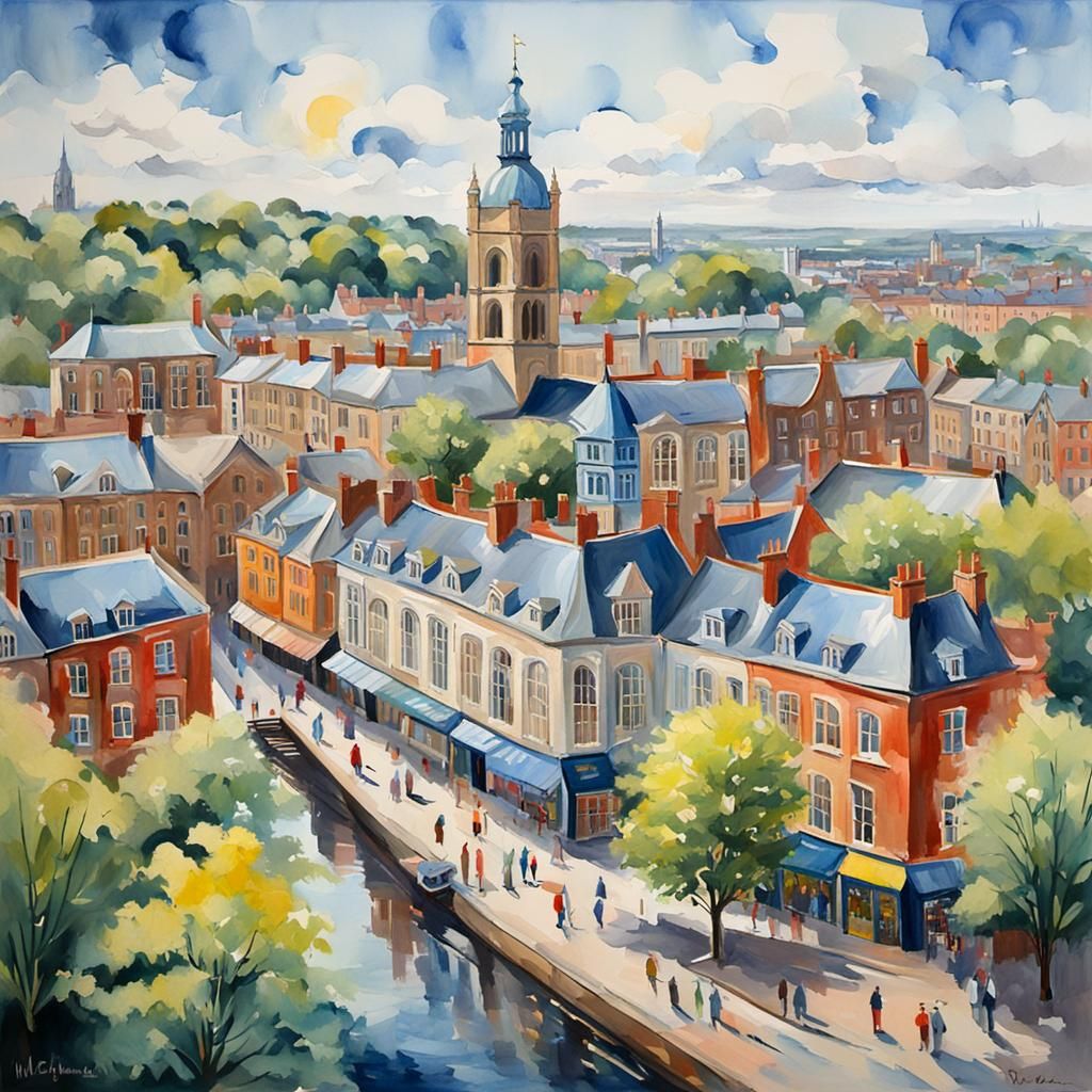 Nottingham Street Scene in Gouache Style