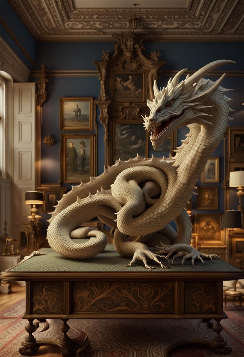 Detailed Image: Woman, Dragons, Ornate House in 8k