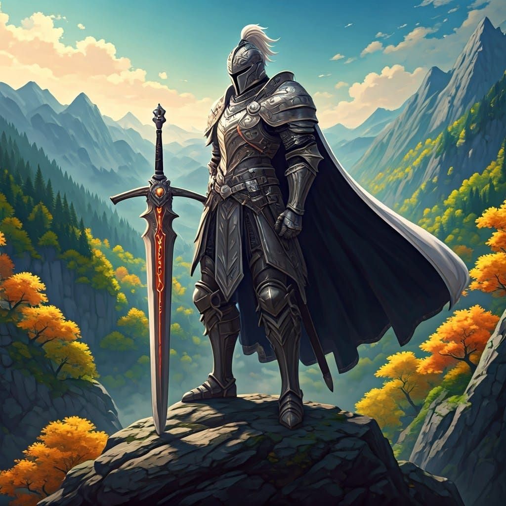 Majestic Knight with Sword in Fantasy Landscape
