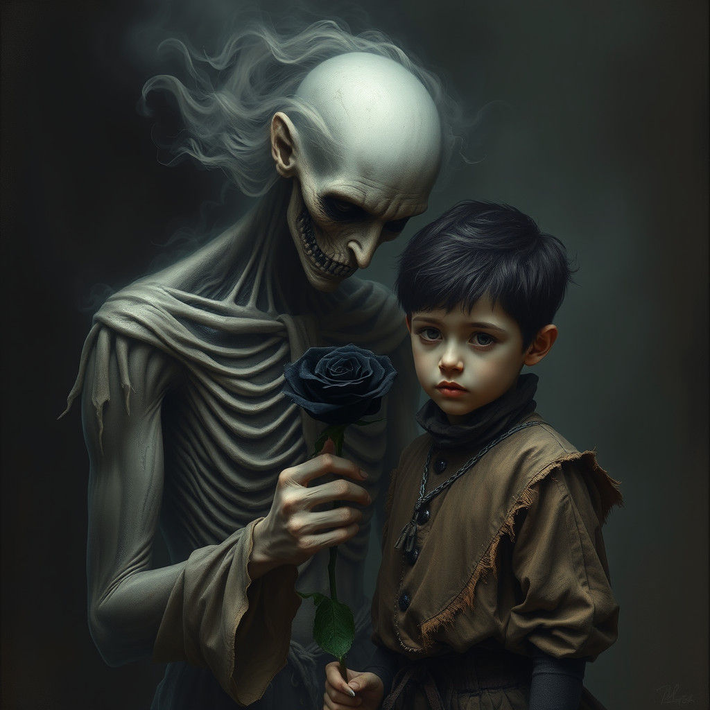 Ethereal Figure Offers Black Rose: Gothic Surrealism