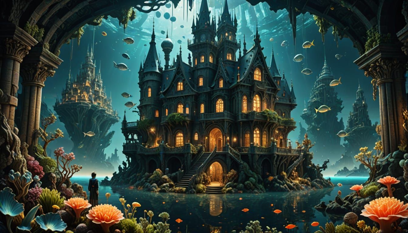 Surreal Underwater Metropolis of Mermaids in Vibrant Oil Pai...