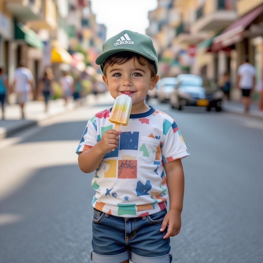 Smiling Boy in Adidas Cap with Popsicle