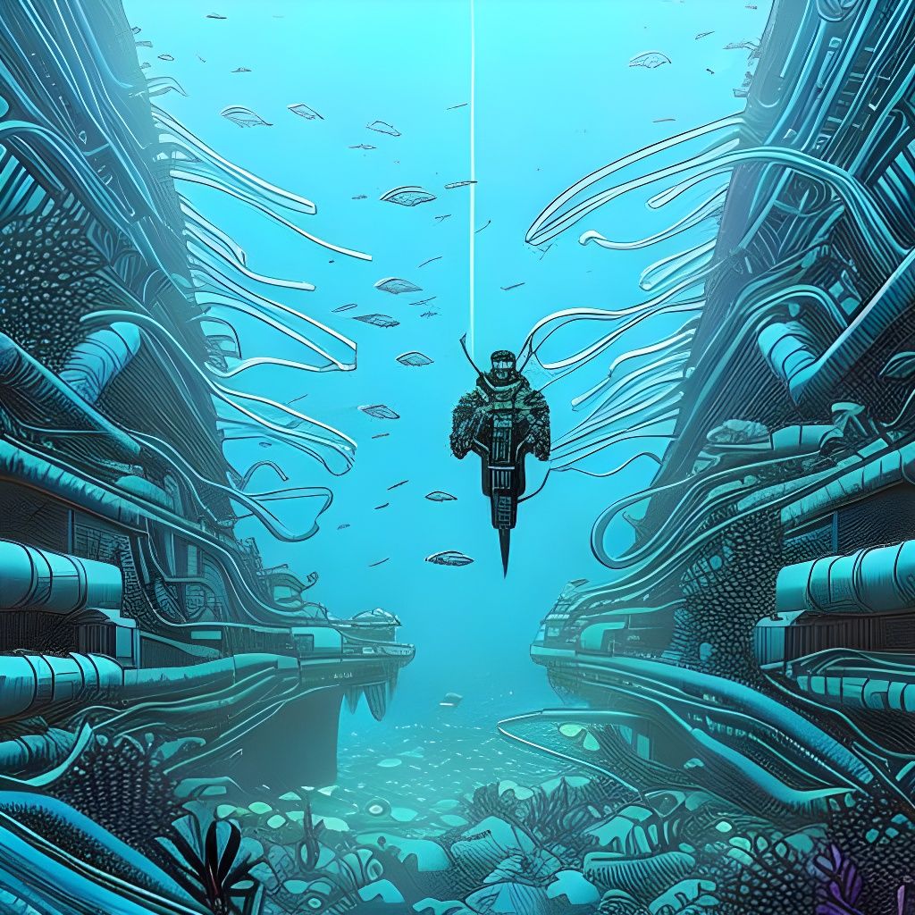 Polychromatic Submarine Exploring Ocean Floor in Moebius Sty...