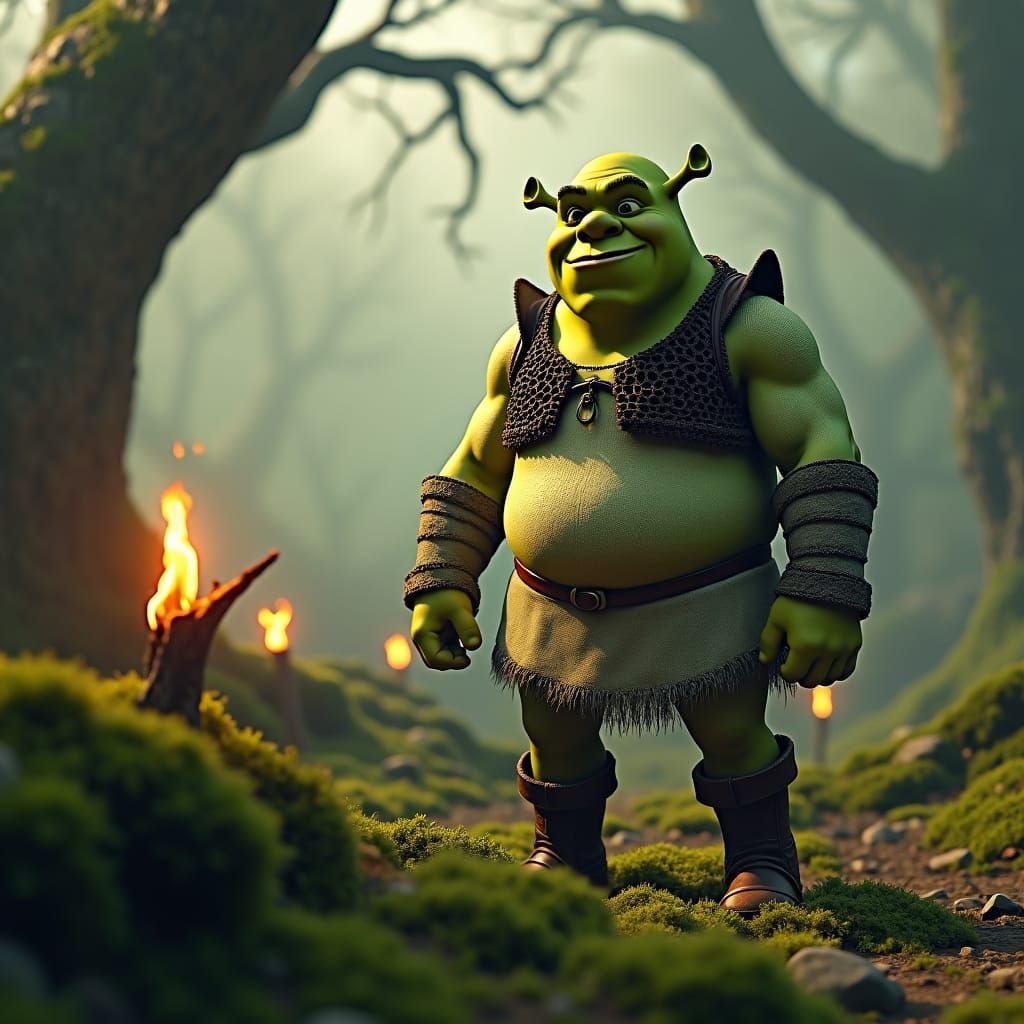 Shrek in Celtic High Fantasy Landscape, Photorealistic