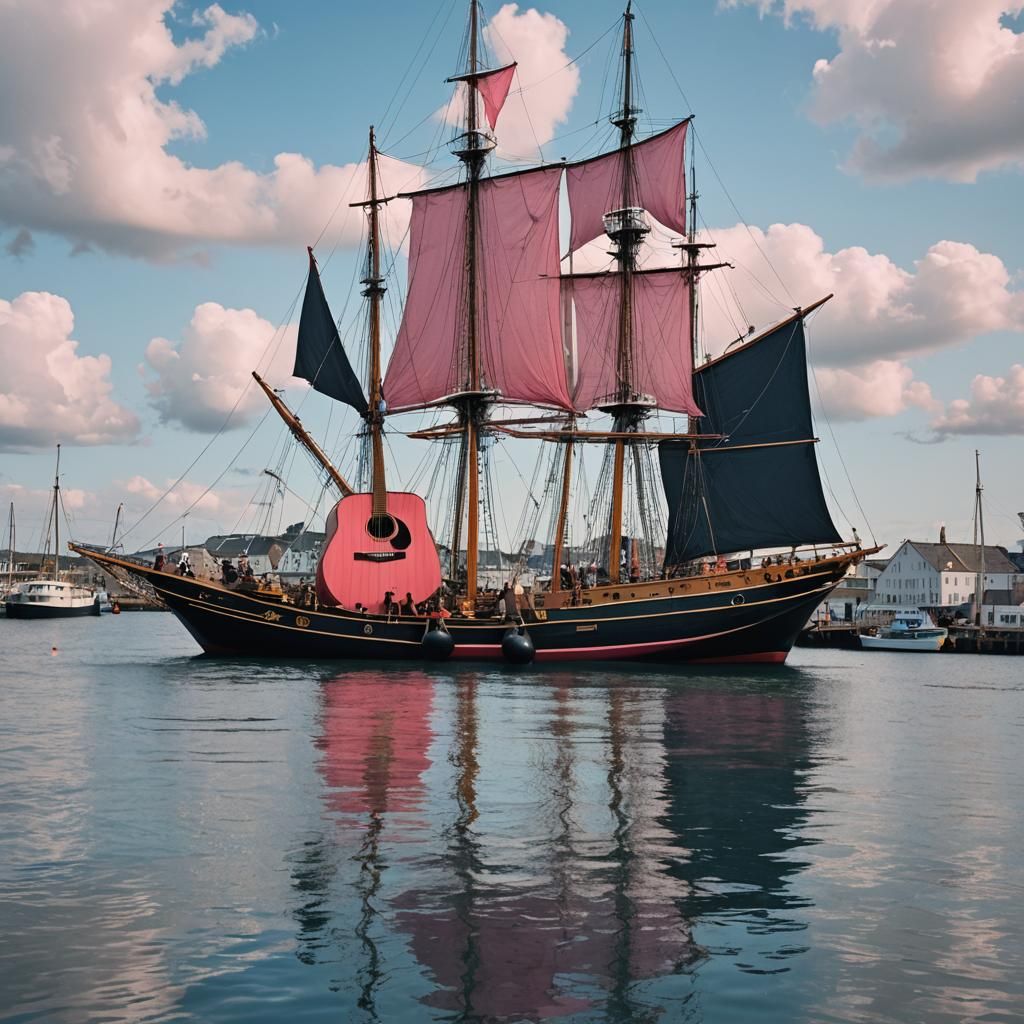 People Dancing on Pink Sailing Ship in Harbor