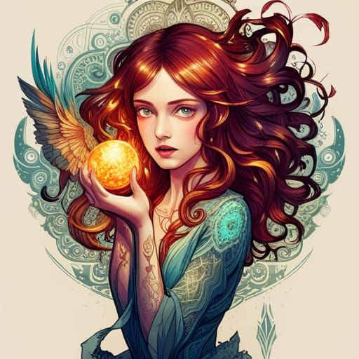 Luminous Phoenix with Golden Outlines Digital Painting