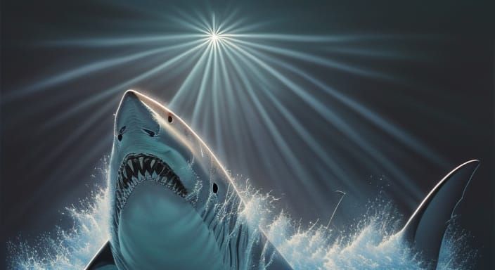 Jaws poster, white shark,volumetric lighting,crepuscular rays; hyperdetailed by artist "Kerby Rosanes"