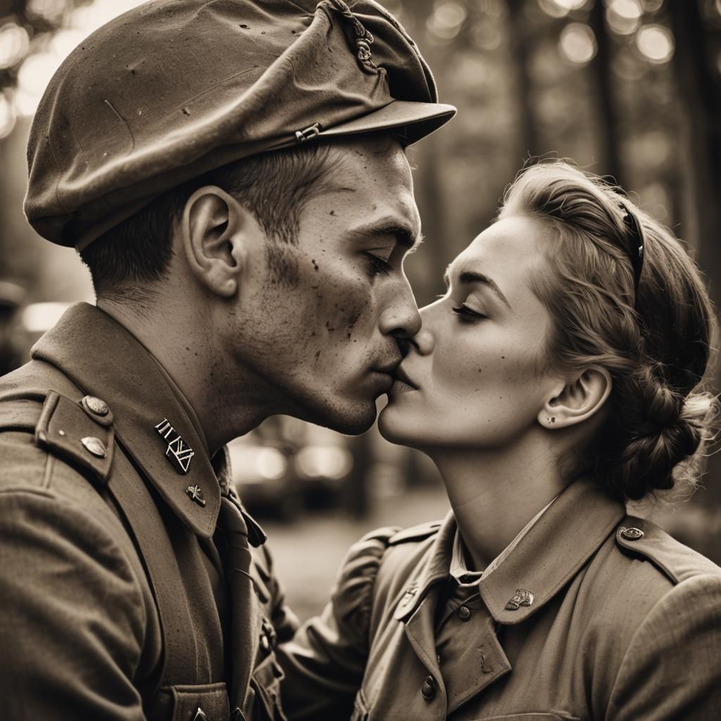 Touching Farewell: 1940s Soldier's Sepia Kiss