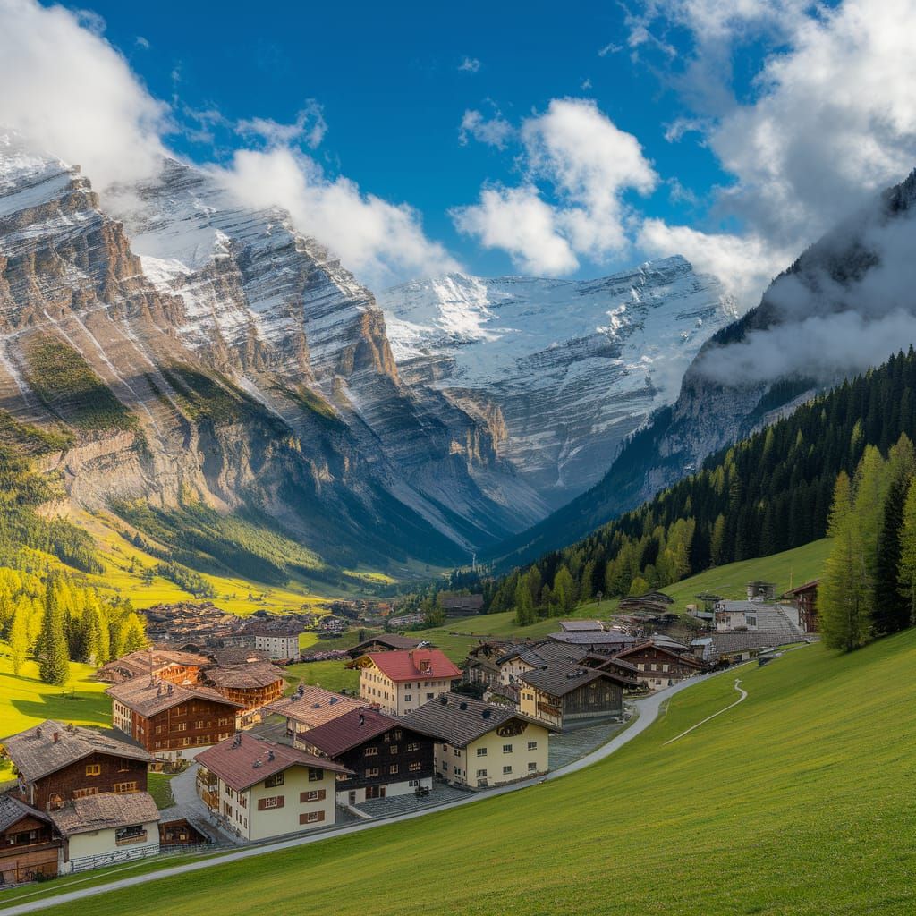 Charming Swiss Alps Village Under Sunny Skies