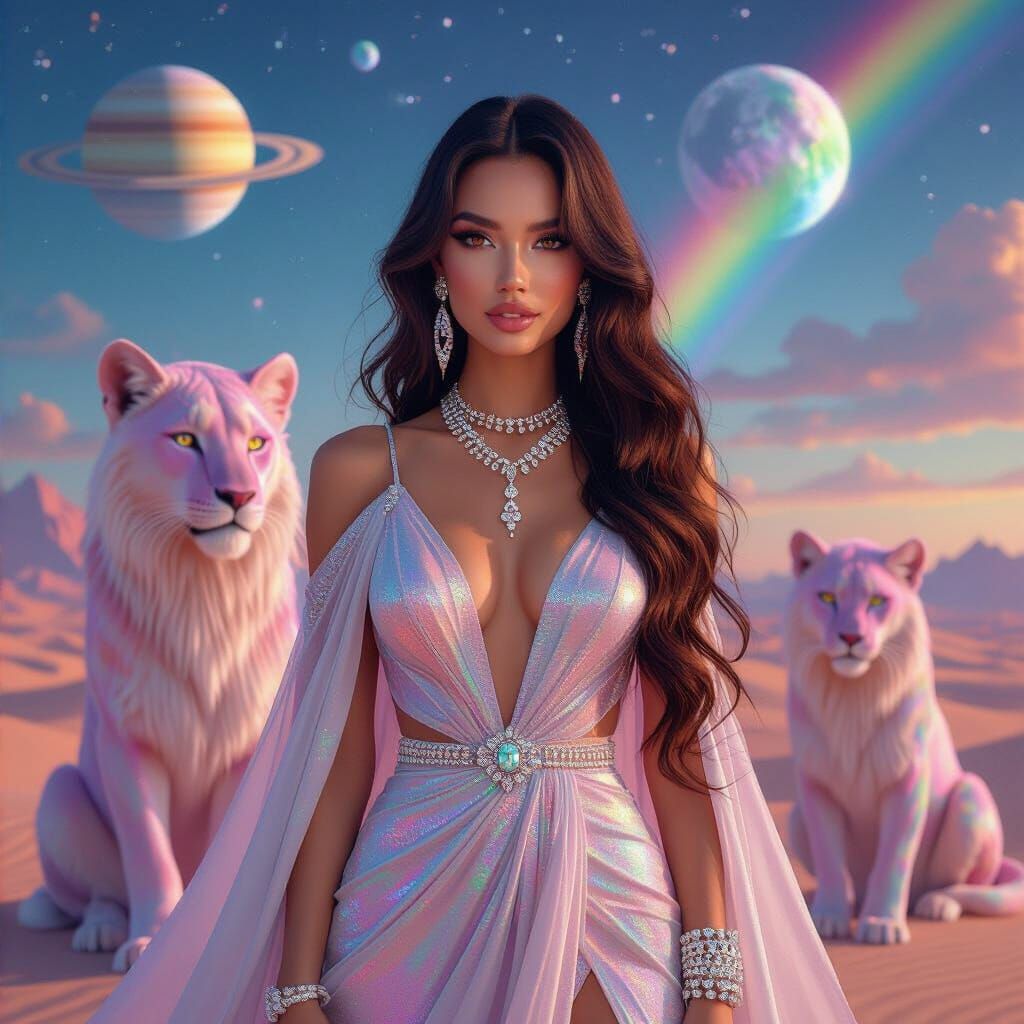 Woman with Ligers in Futuristic Space Desert