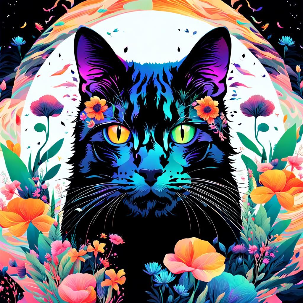 Glitch Art Cat Face with Contrasting Halves