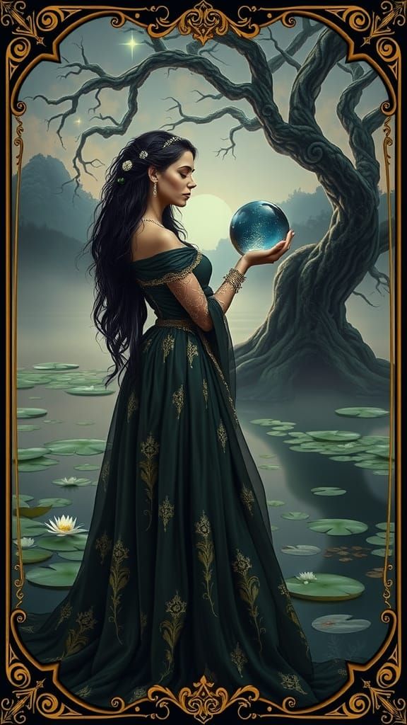 Regal Sorceress Meditates by Misty Lake in Pre-Raphaelite St...