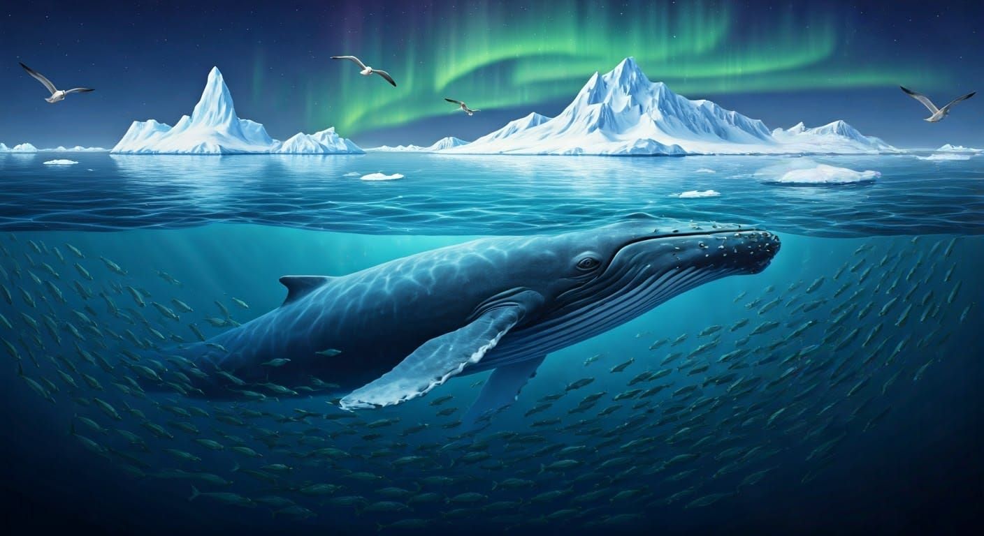 Blue Whale and Arctic Wildlife Scene in Realistic Artistic S...