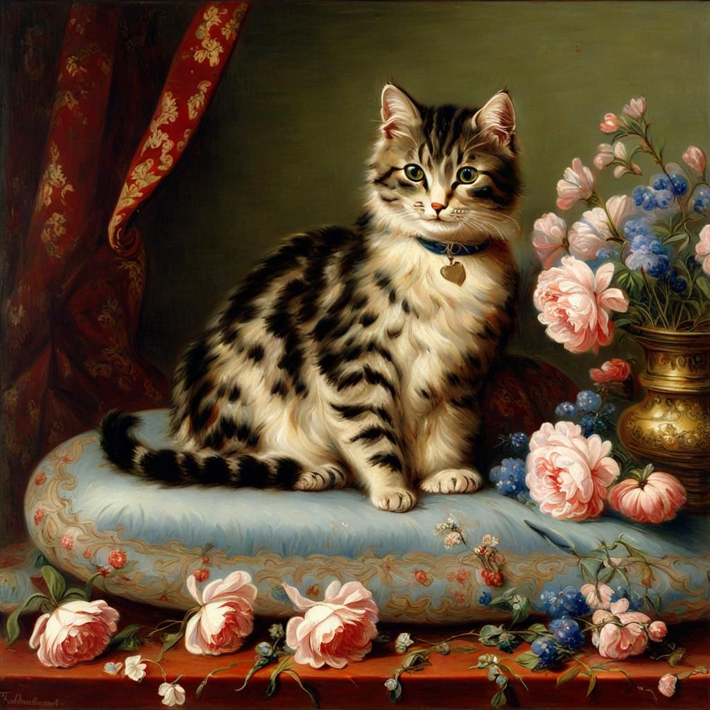 Cat with Flowers in Academic Realism Style