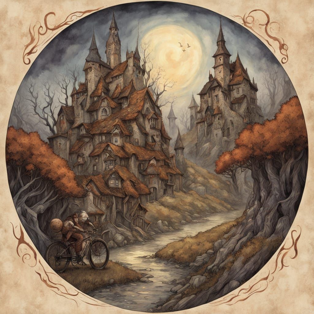 Medieval Village in Turbulent Winds, Rackham Style