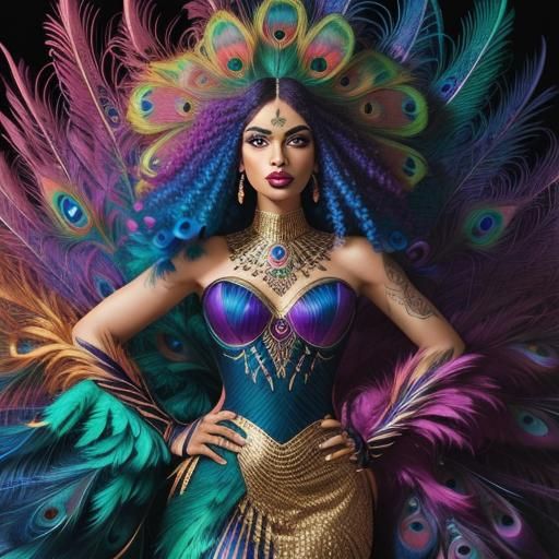 Vibrant Comic Book Art of Woman with Peacock Hair