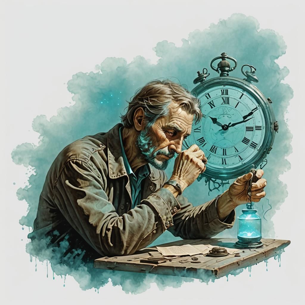 Mysterious Old Man Reminiscing in Cyan Bioluminescence