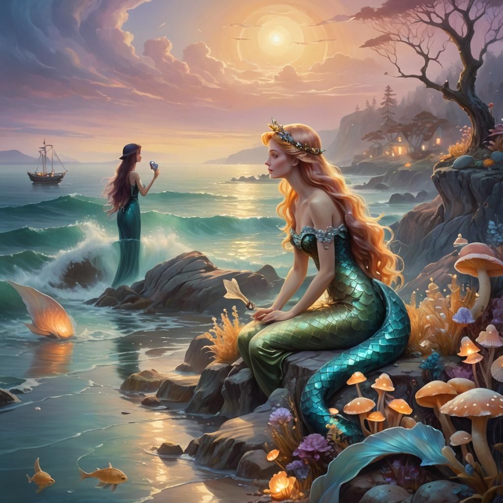 Witch and Mermaid Chat in Surreal Ocean Scene