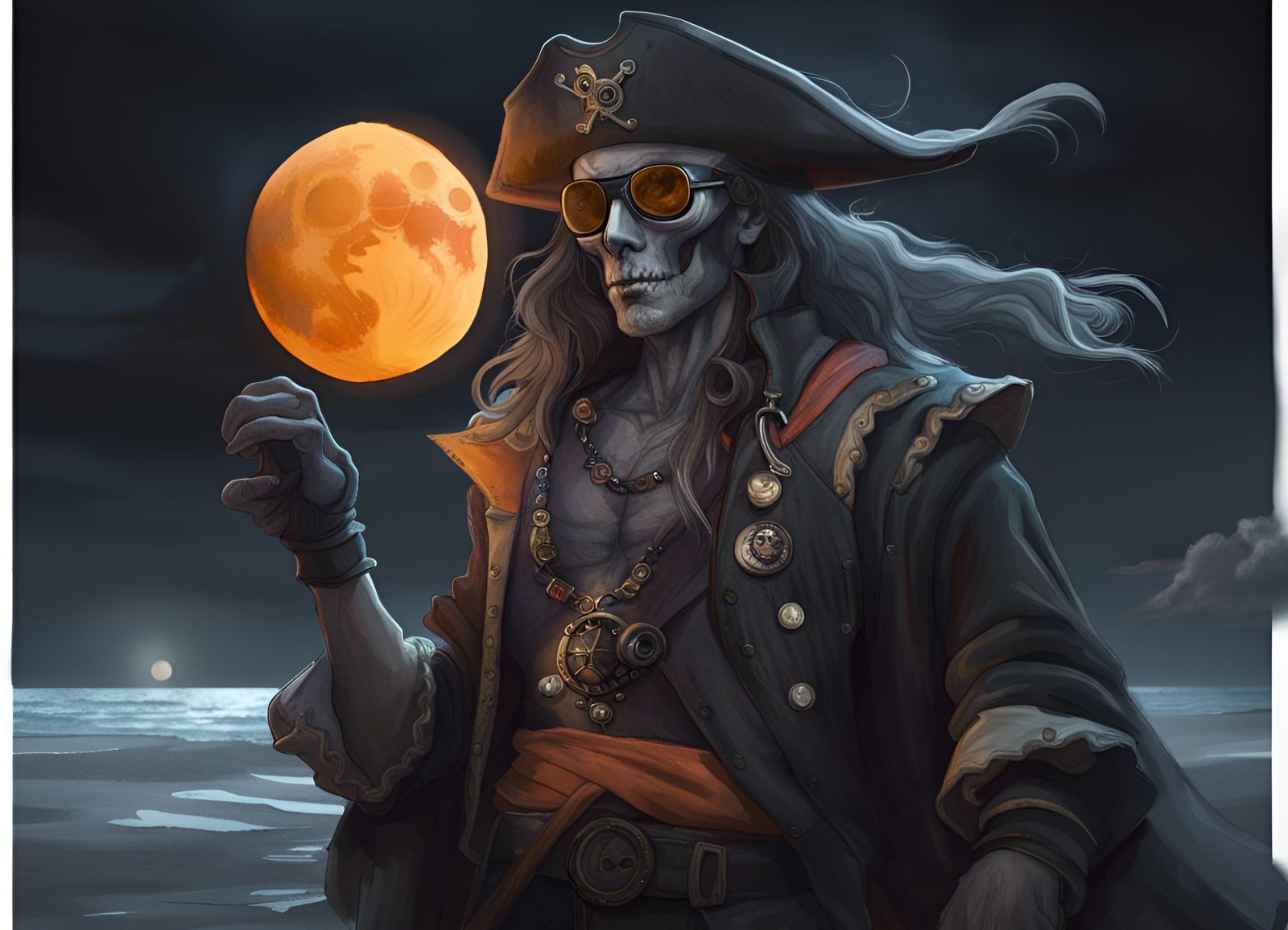 Ghost Pirate Captain on Midnight Beach in Hyperrealism