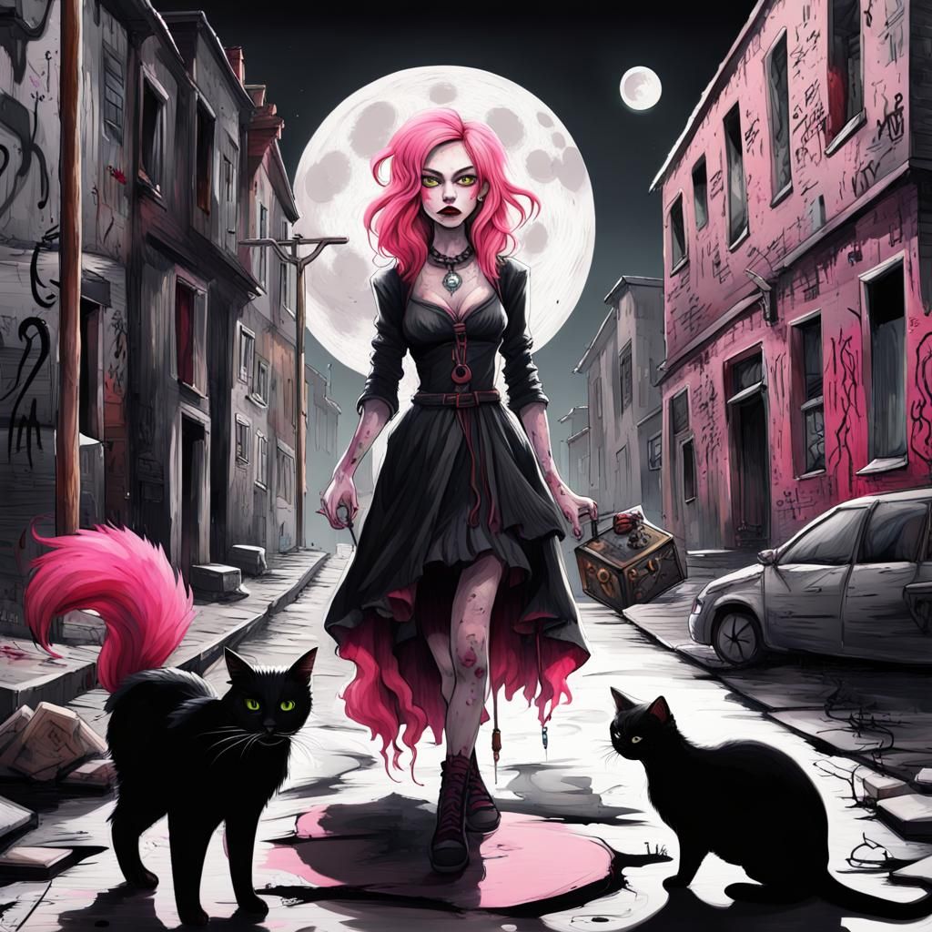 Witch in Abandoned City with Black Cat, Graffiti Art