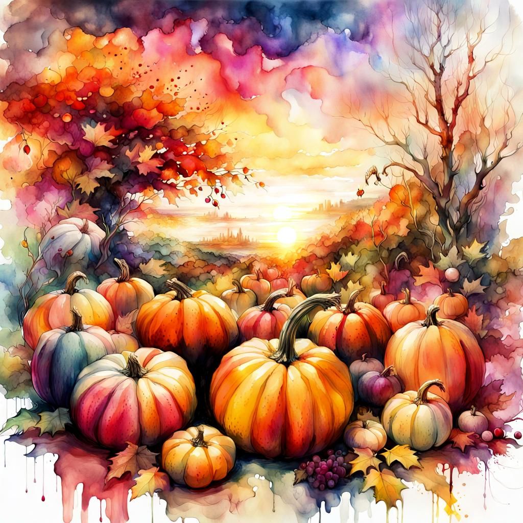 Magical Fall Harvest Digital Watercolor Illustration