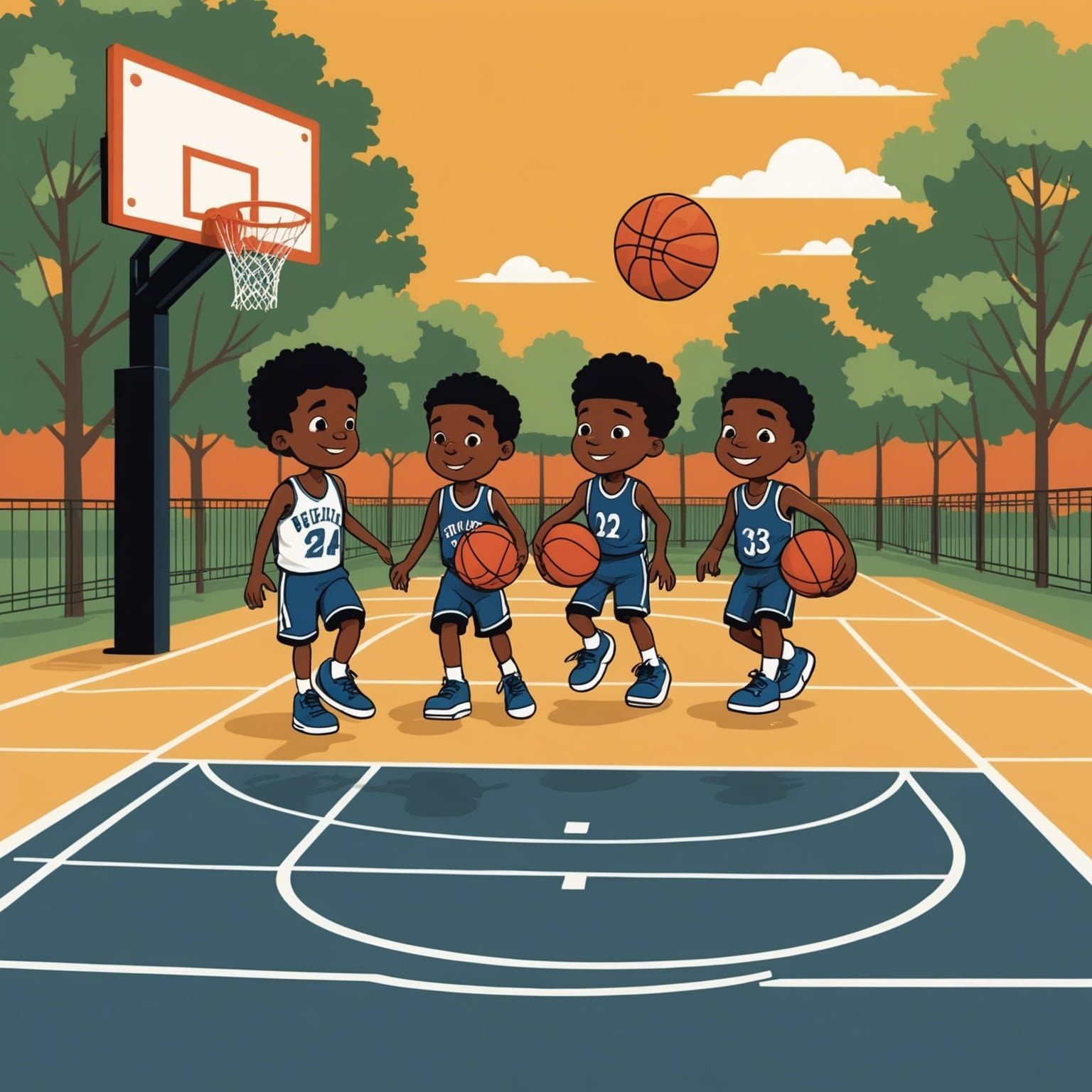 Children Play Basketball in Mary Engelbreit Style