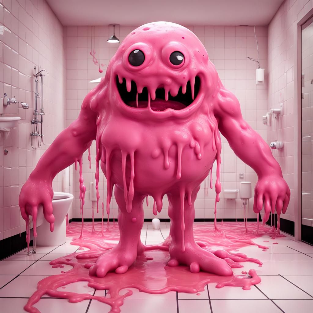 Playful Pink Slime Monster in Bathroom: 3D Digital Art