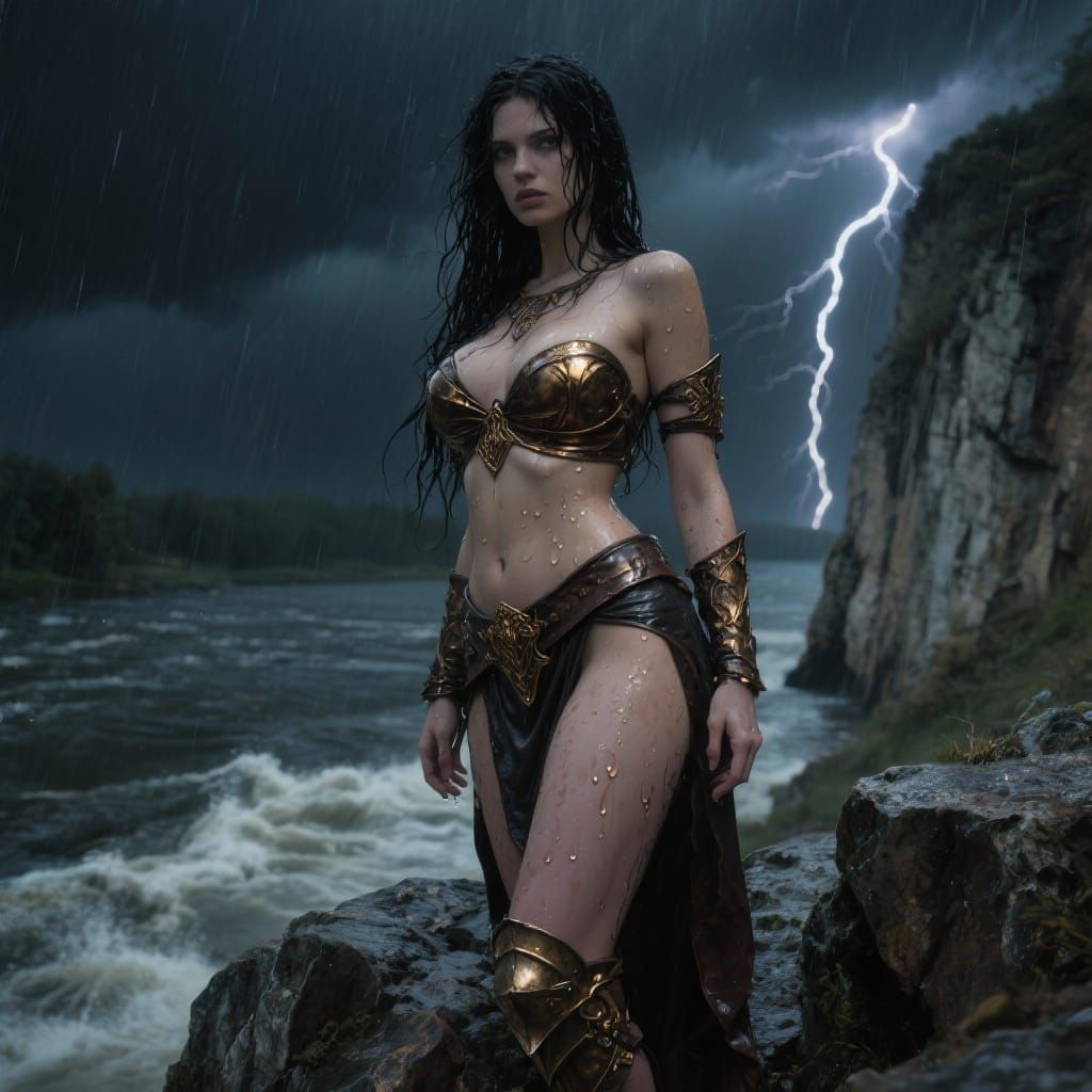 Voluptuous Warrior Woman on Stormy Cliffside