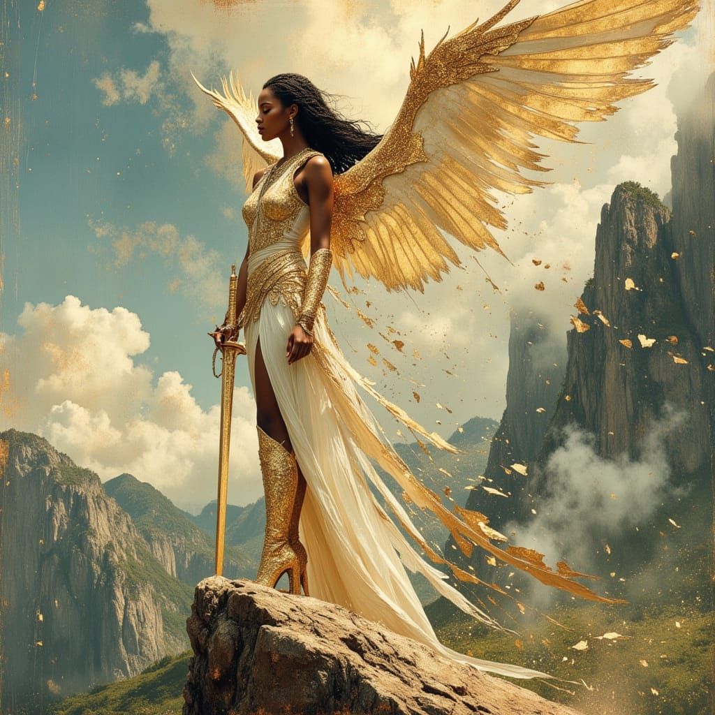 Winged Goddess Confronts Demon in Hyperrealistic Painting