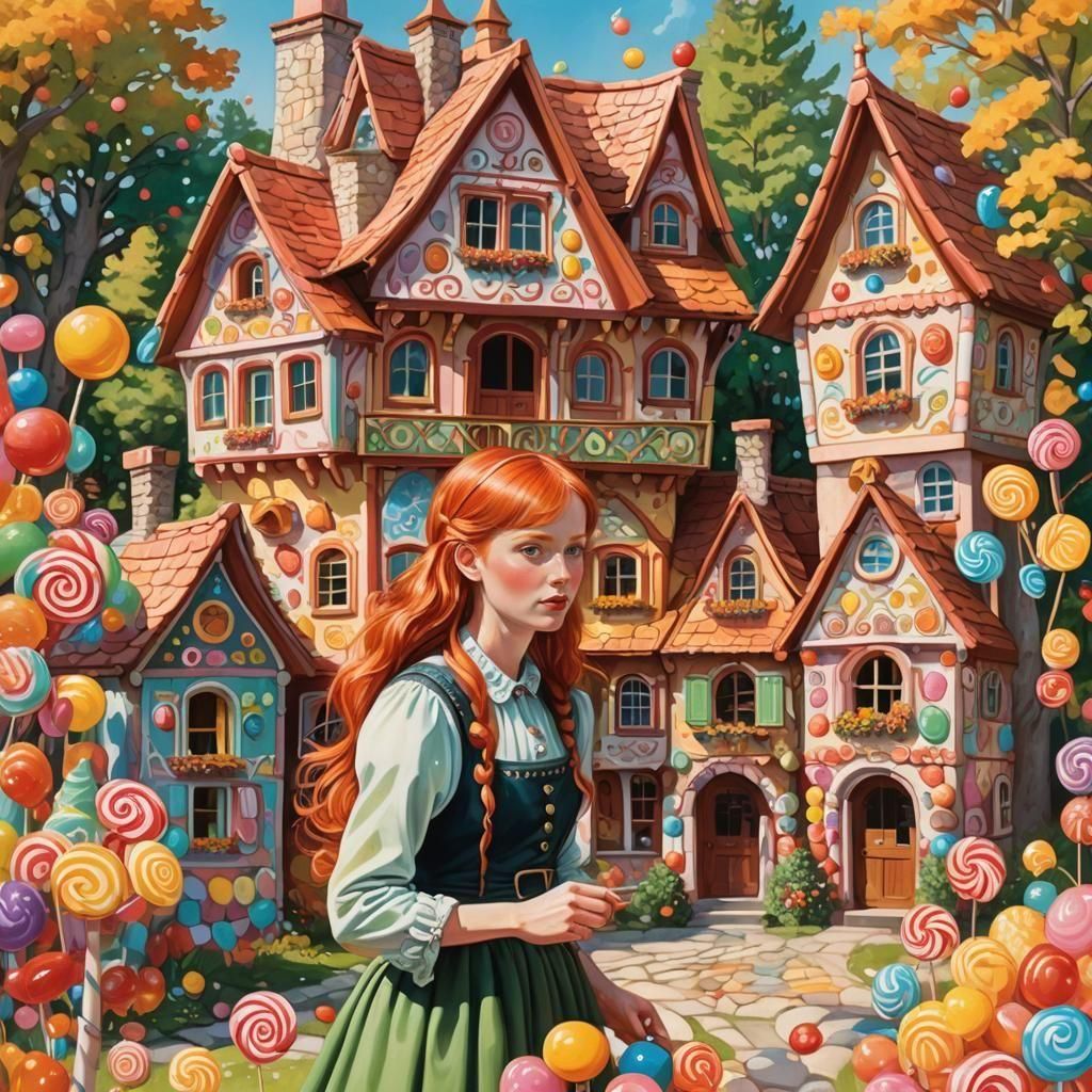 Gretel and the Candy House: A Folk Art Gouache Painting