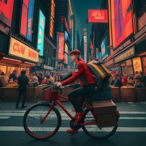 New New York City, 3000 AD. A vibrant cityscape filled with towering neon signs, hovercars buzzing by, and robots walkin...