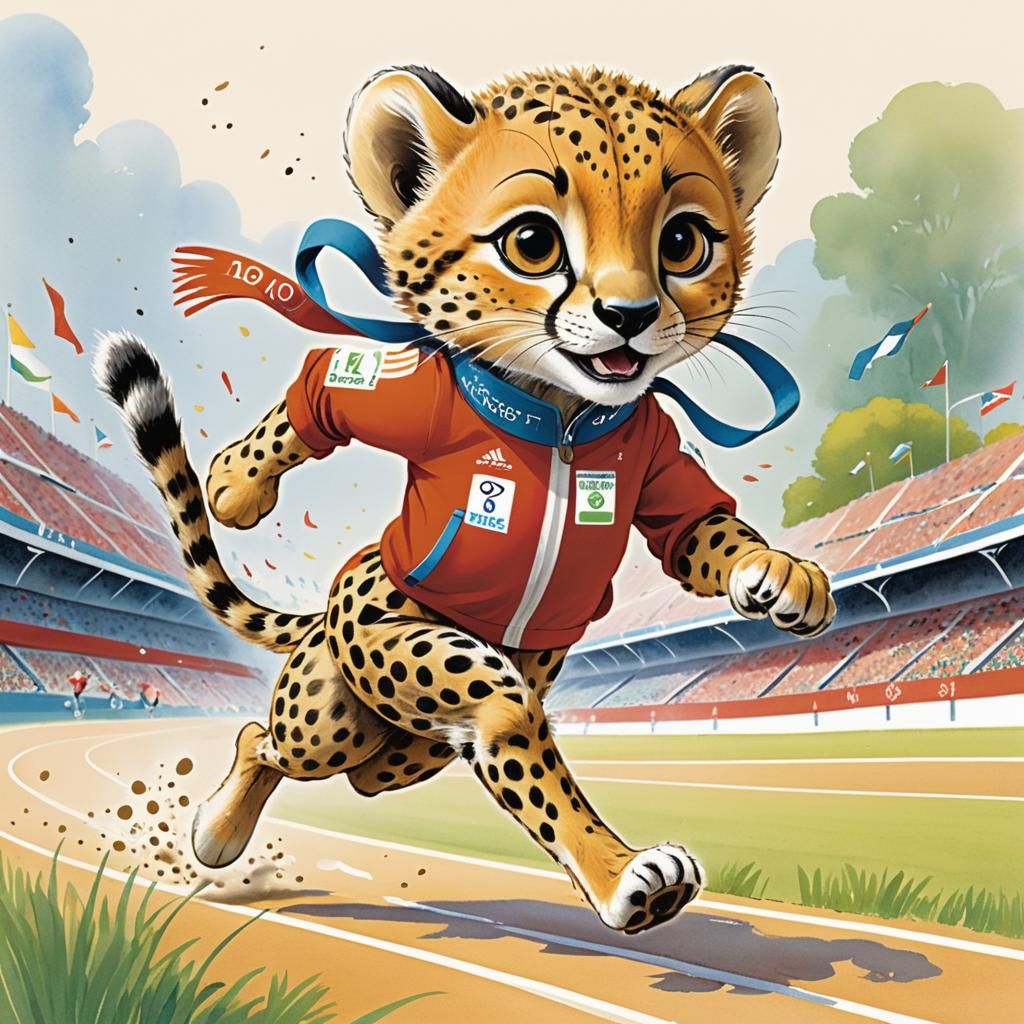 Art by Beatrix Potter, dynamic scene, cute adorable baby cheetah sprinting in a 100-meter dash at the Olympics, anthropo...