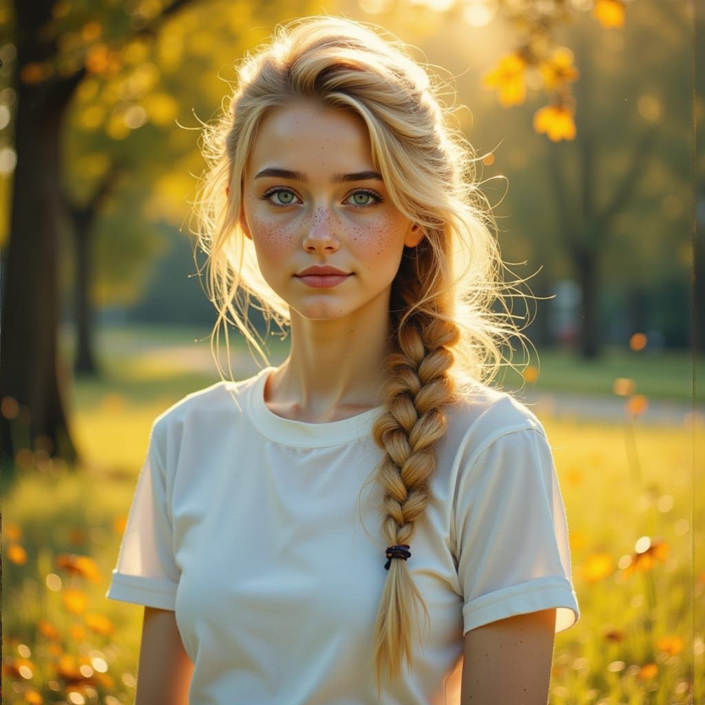 Sweet Russian Girl with Golden Hair in Park