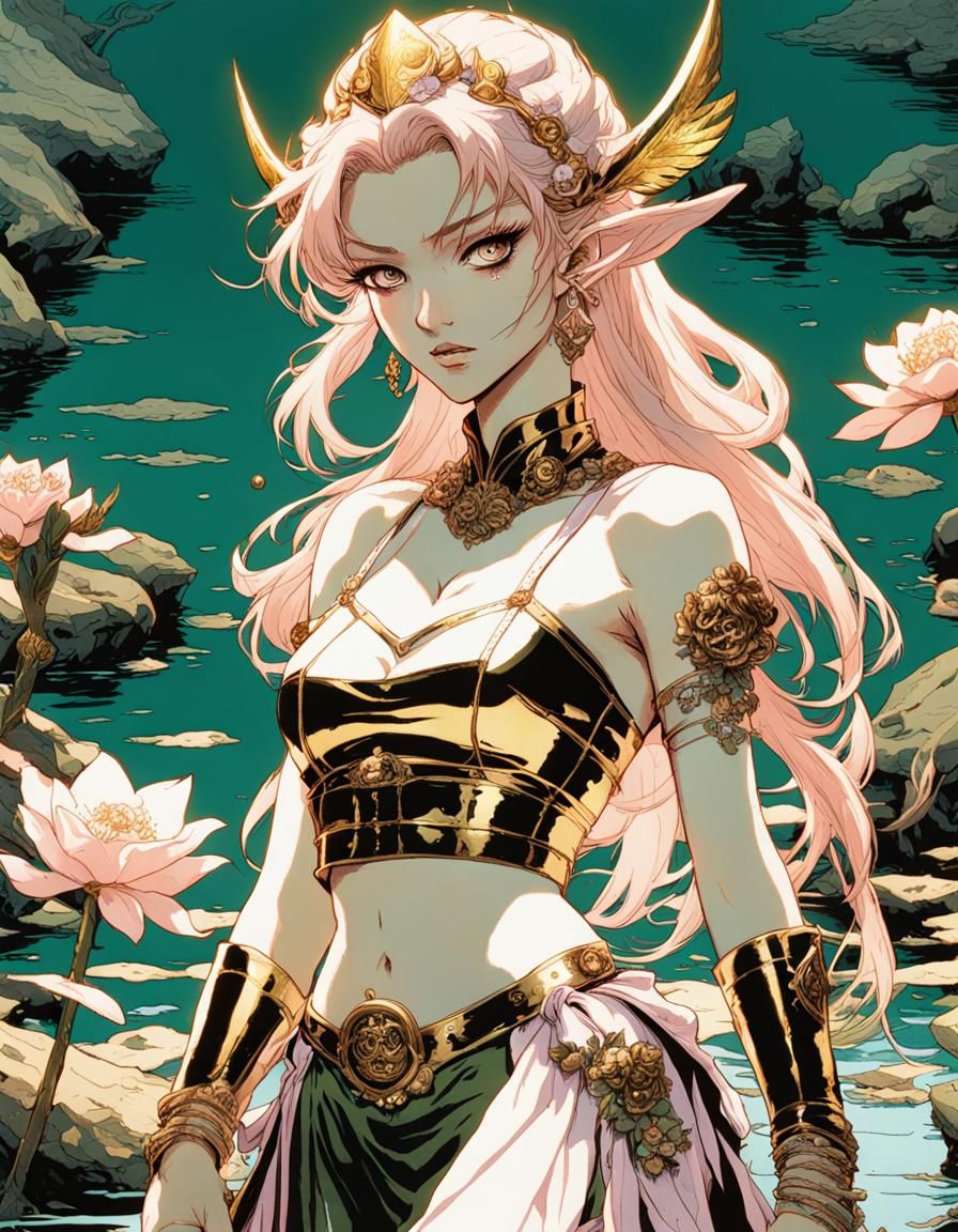 1980’ anime video game by Katsuya Terada, Mark Brooks, Elf princes in a lake, bare midriff, toned skin, light hair, gold...