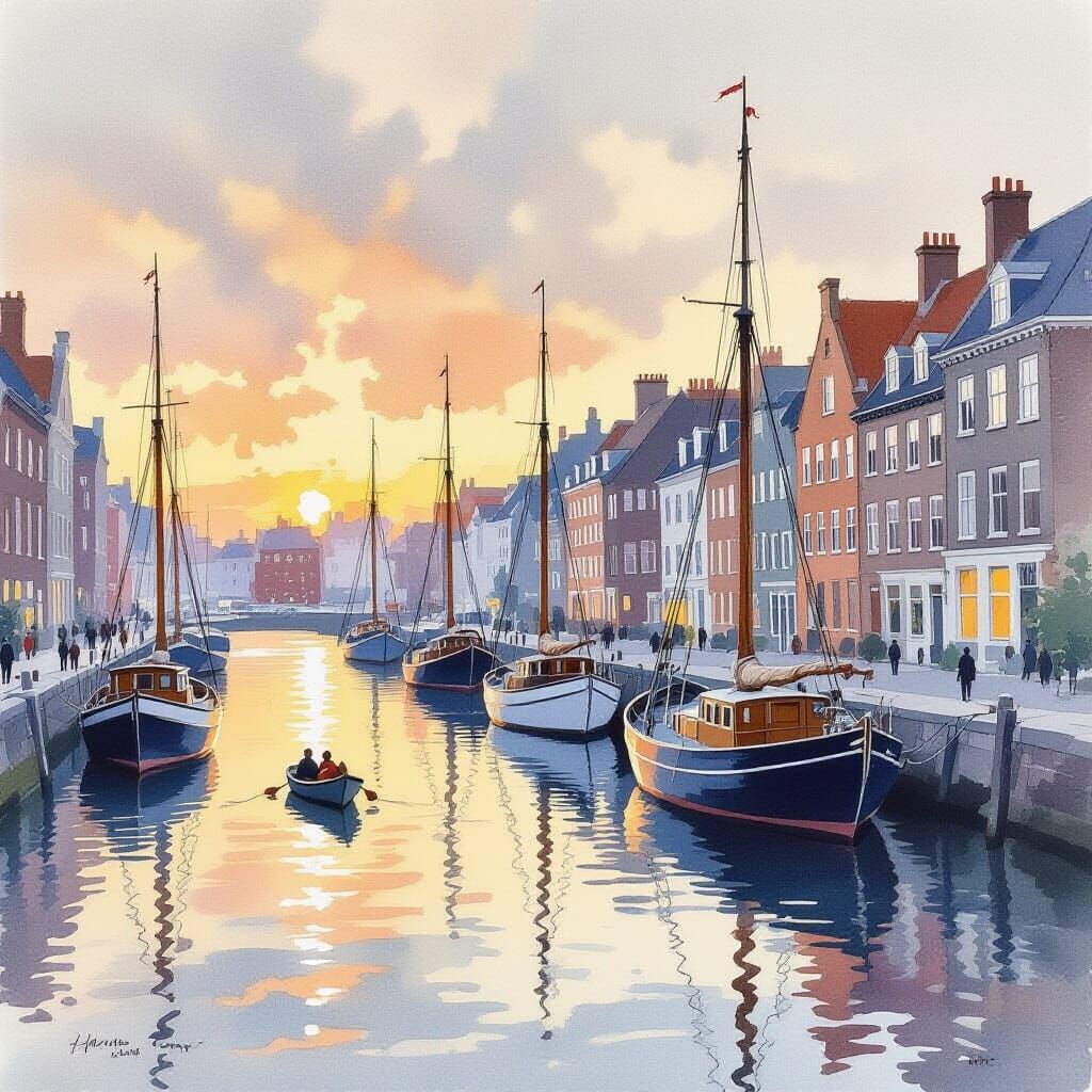 Impressionist Harbor Scene with Sailing Ships in Watercolor