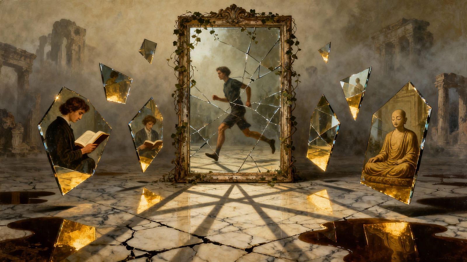 Surreal Mirror Reflecting Actions in Ethereal Glow