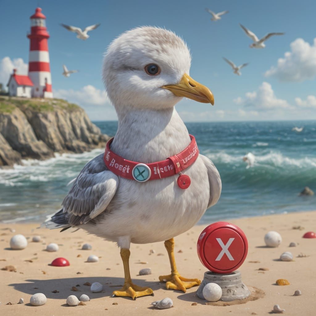 Tiny Seagull Curiously Examines a Red Button on the Beach