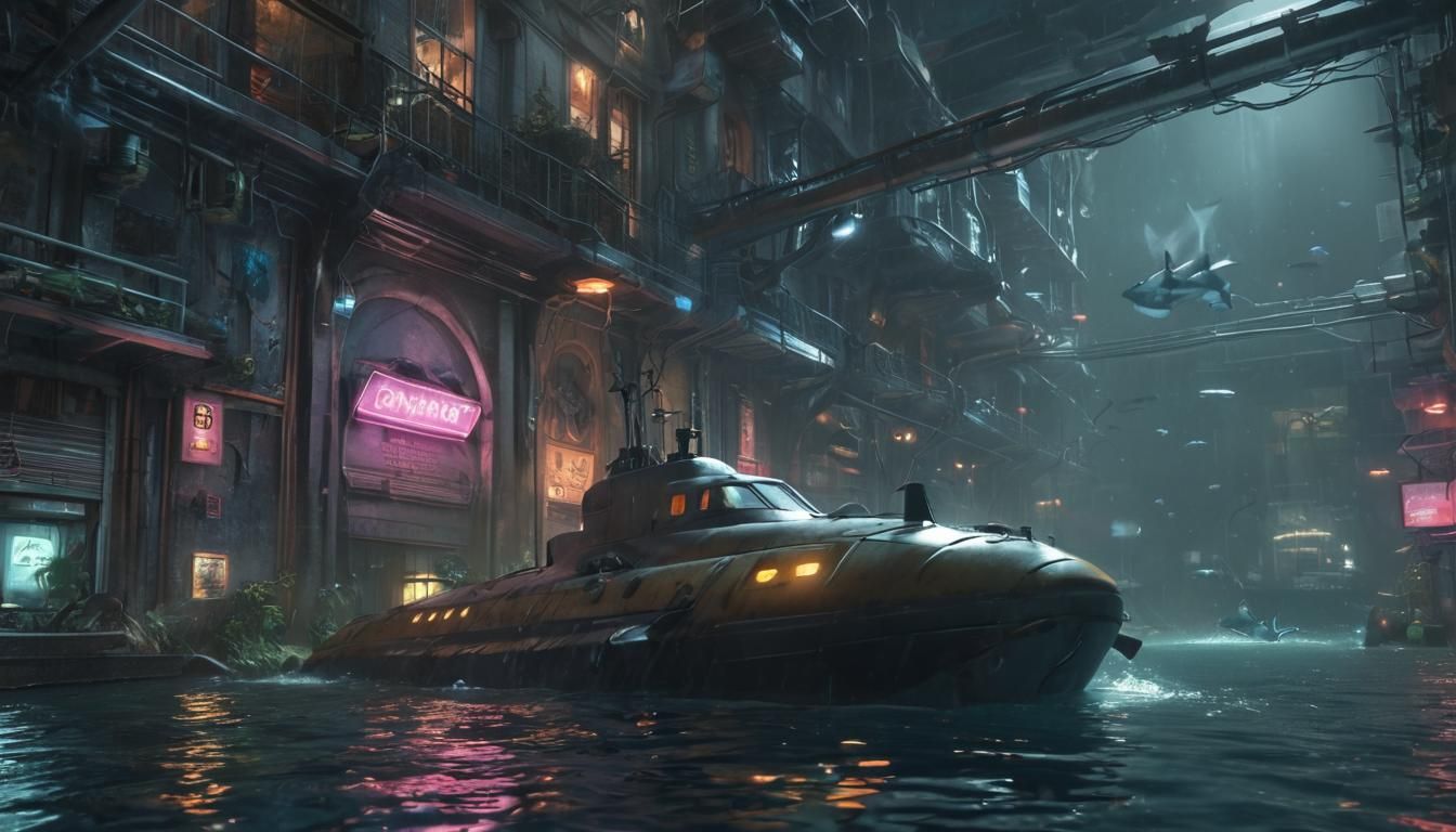 Cyberpunk Underwater City with Neon Lights