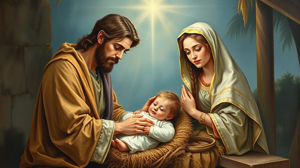 Nativity Scene Painting of Jesus, Mary, and Joseph