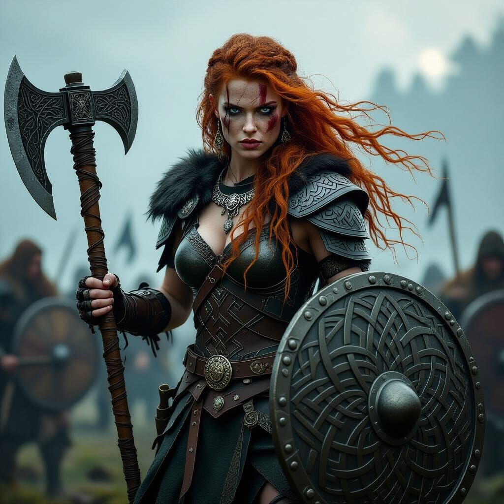 Celtic Shieldmaiden on Battlefield in Dark Fantasy Art
