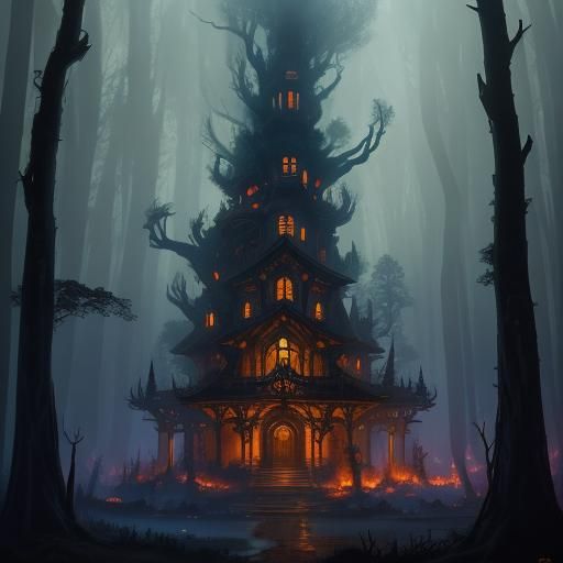 Mystical Forest Village at Dusk in Dark Fantasy Style