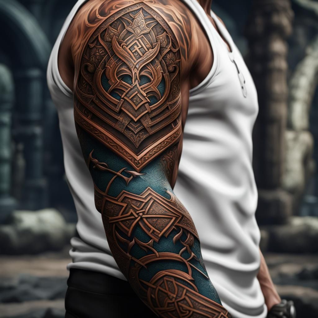 Intricate Dwarven Tattoo Art on Muscular Arm