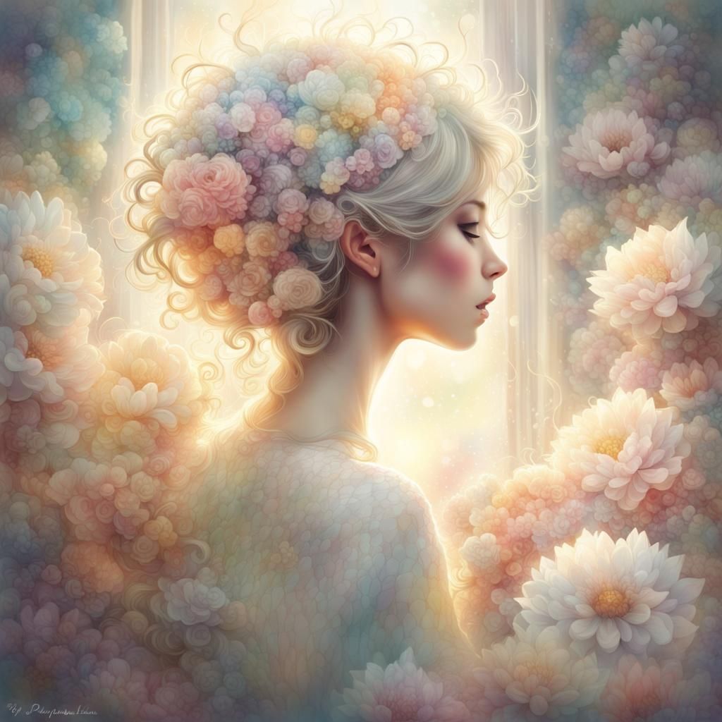 Ethereal Cat with Flowers by Yoshitaka Amano