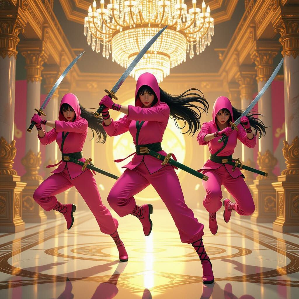 Female Ninjas Leap Through Golden Chamber in Digital Art