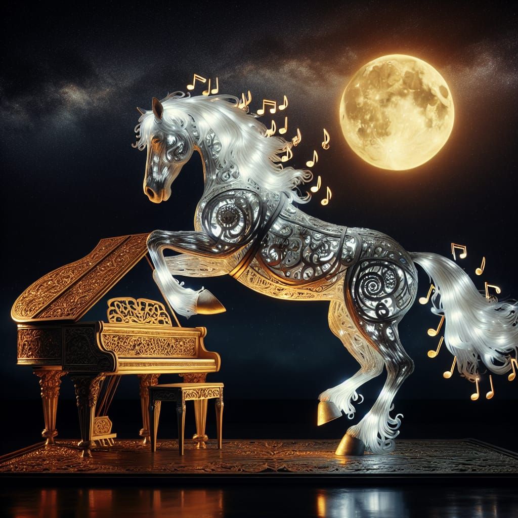 Bioluminescent Horse Leaps from Golden Piano
