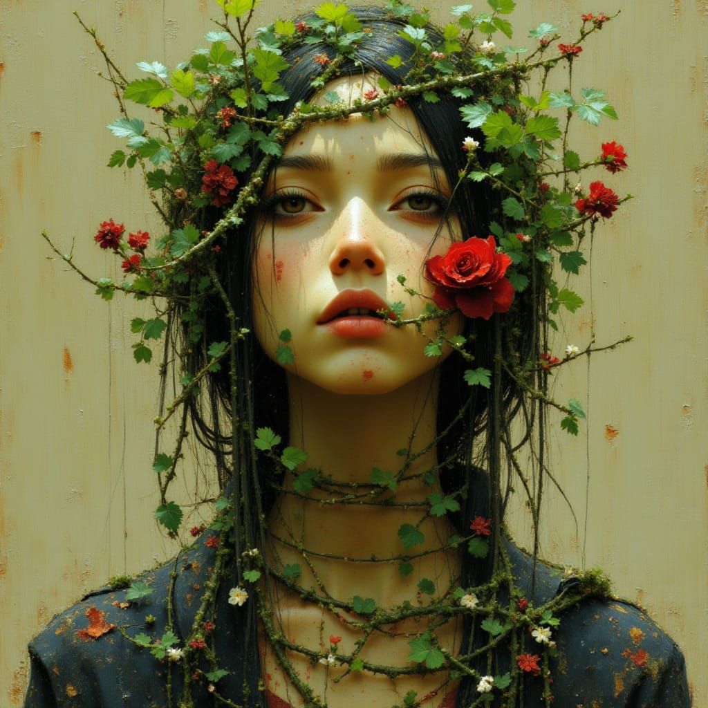 Woman With Vine and Rose on Face