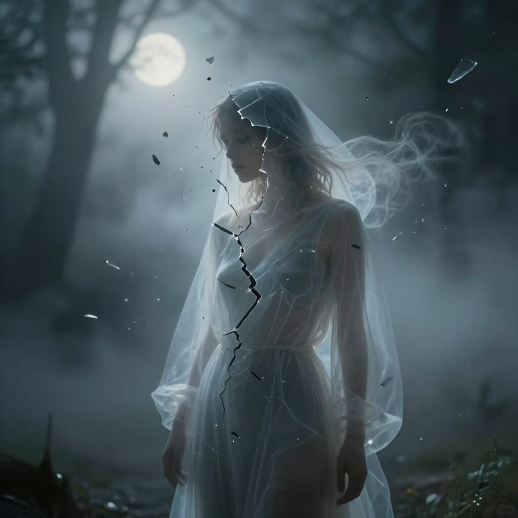 Ethereal Fractured Figure Dissolving into Light and Mist