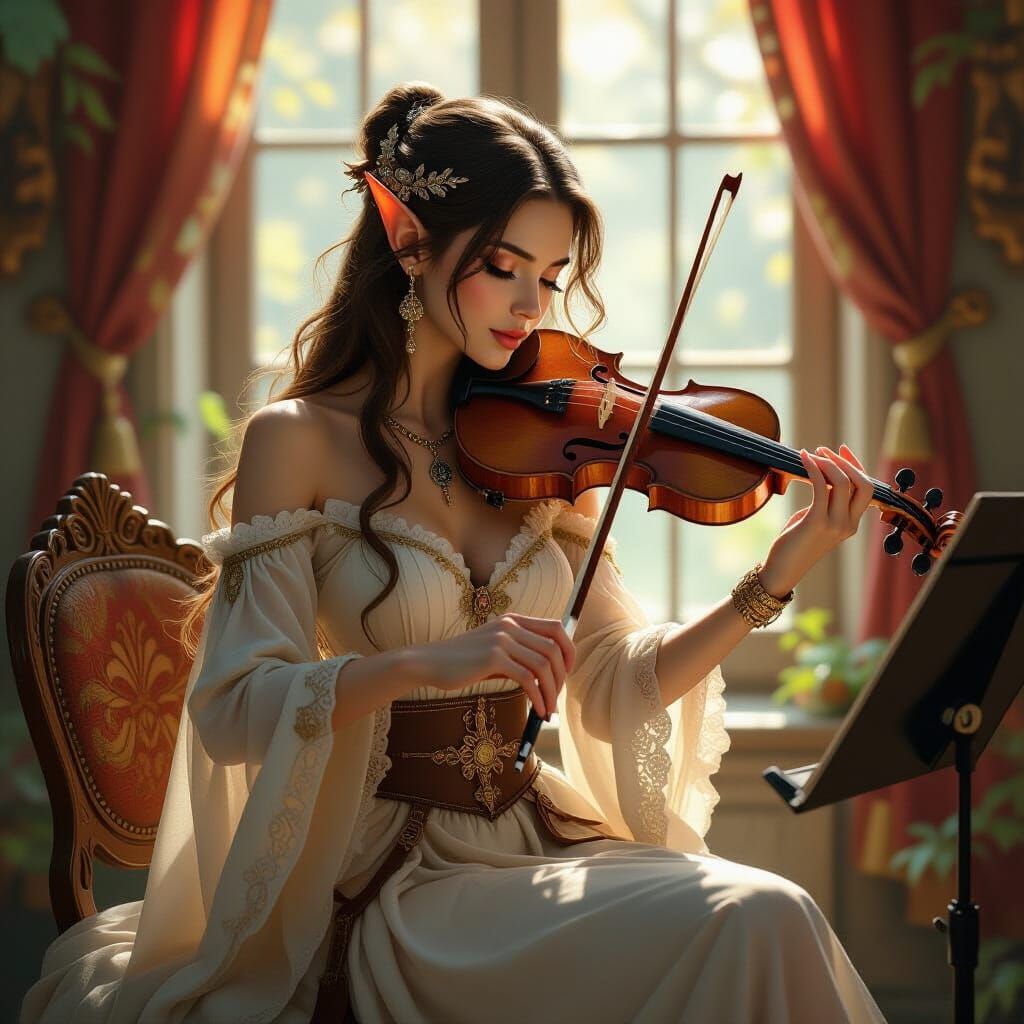 Beautiful Elf Musician in Sunlit Interior