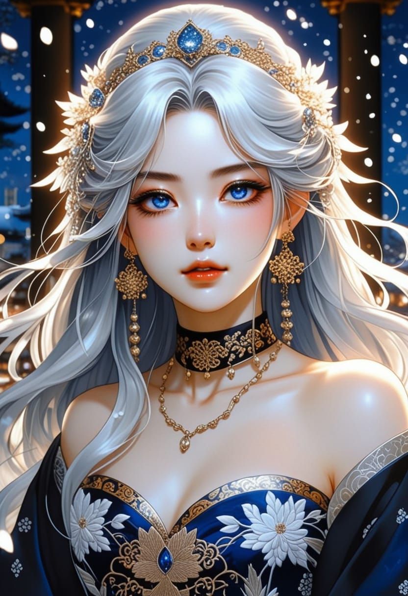 Ethereal Anime-Style Priestess in Stunning Black and Gold Go...