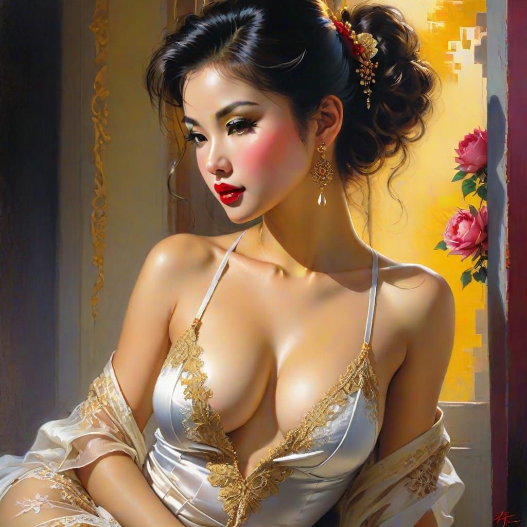 Glamour Portrait of a Chinese Pin-up, Pino Daeni Style
